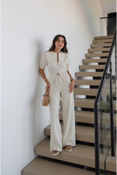 Ecru Double Zipper Blouse Pants Knitwear Set