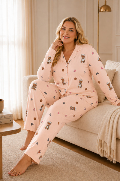 Salmon Base Bear Print Pattern Bamboo Knitted Plus Size Women's Buttoned Long Sleeve Pajama Set