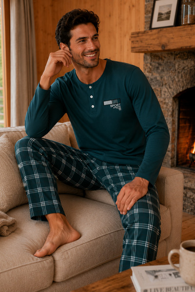 Combed Cotton Men's Long Sleeve Buttoned Embroidered Pocketed Green Pajama Set