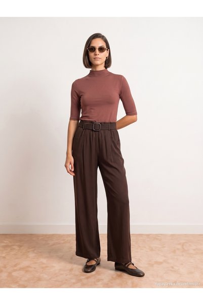 72756 100% Lyocell Draped Trousers-Brown