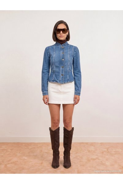 65397 100% Cotton Flounce Denim Jacket-Blue