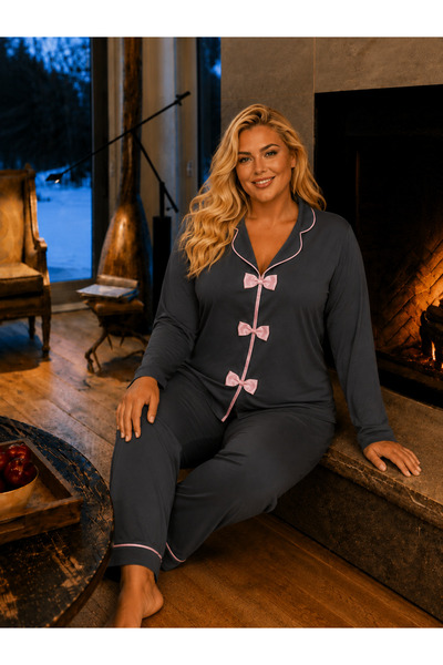 Bamboo Knitted Long Sleeve Smoked Plus Size Women's Pajama Set with Bow Tie