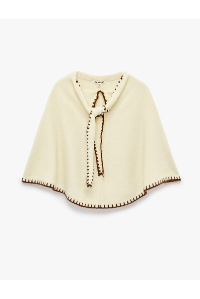 Sheep Wool Blended Contrast Piping Scarf Collar Tie Detail Oversized Knitwear Poncho