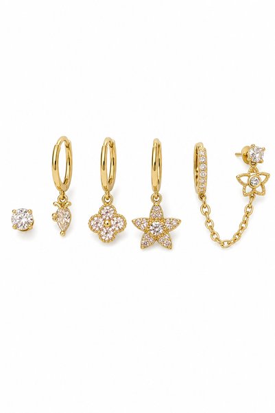 Women's Gold Color 6-Piece Zircon Stone Figured Hoop and Stud Earring Set – Model Options Available