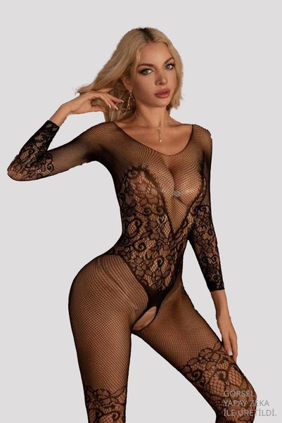 Black Special Zone Open Floral Lace Mesh Long Sleeve Women's Fancy Body Stocking