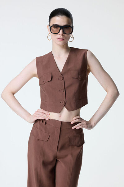 Brown V-Neck Pocket Detail Vest