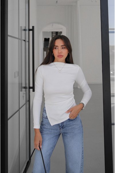 Ecru Side Gathered Asymmetrical Blouse