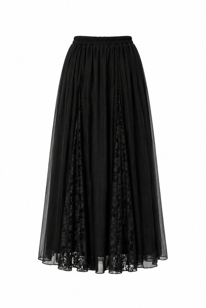 Black Lace Pleated Detailed Skirt - 3371