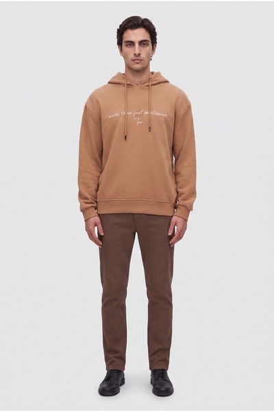 Relaxed Fit Tobacco Embroidered 3 Thread Hooded Sweatshirt