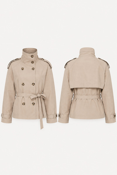 Women's Premium Stand Collar Belted Lined Double Breasted Buttoned Short Trench Coat Jacket El-5160