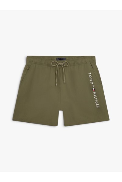 Men's Brand Logo Printed Khaki Green Swim Shorts Suitable for Daily Use