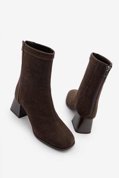 Women's Heeled Boots Blunt Toe Back Zipper Nayis Brown Suede