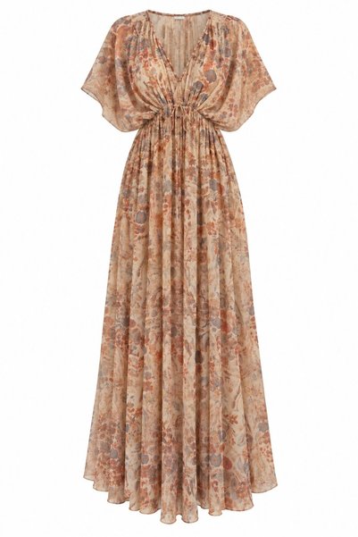 Brown Patterned Smocked Waist Long Dress - 3457