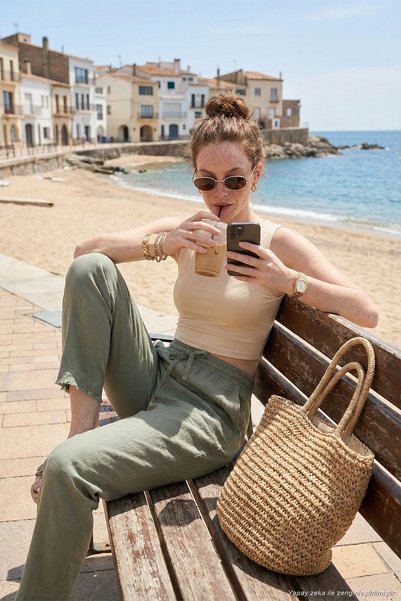 Cotton Waist-Tied High Waist Linen-Look Short-Leg Trousers Women's Pants 668Yp5134