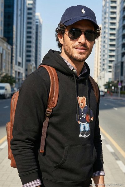 Printed Cotton Hooded Collar Kangaroo Pocket Sweat Men's Sweat 6141003B