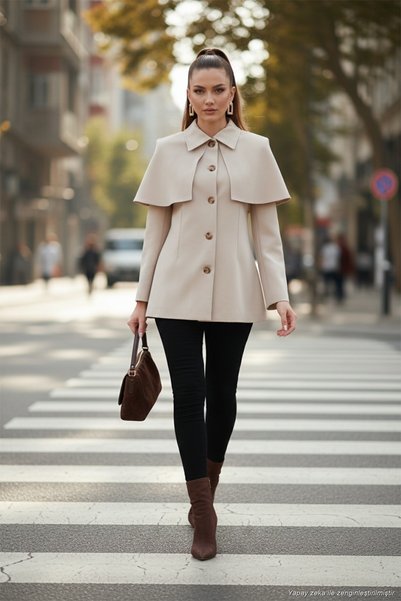 Regular Fit Cloak Detailed Buttoned Jacket Women's Jacket 6927687