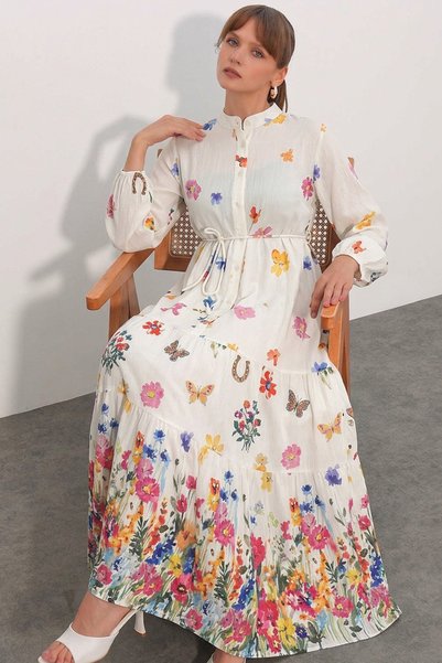 Women's Patterned Long Modest Dress 2586 - Cream