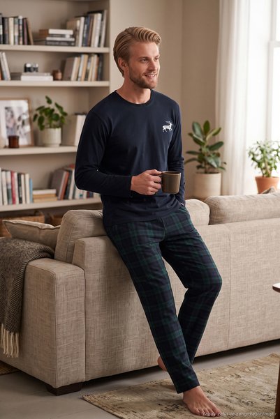 Cotton Regular Fit Crew Neck Plaid Pajama Set Men's Pajama Set 6574001