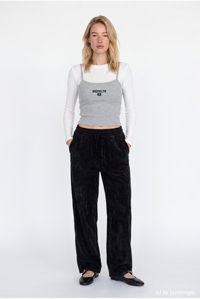 Wide-Leg Velvet Fabric Elastic Waist Trousers