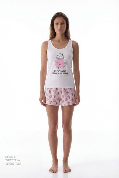 Pink Milkshake Drink Patterned Shorts Pajama Set