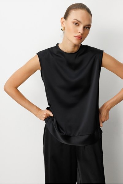 Sleeveless Basic Satin Black Blouse