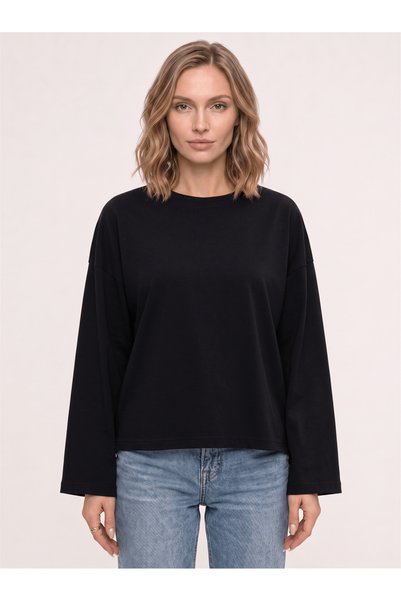 Women's 100% Cotton Crew Neck Long Sleeve T-Shirt Black