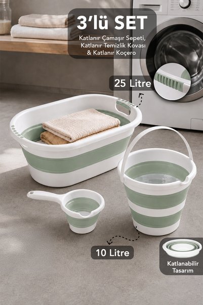 3-Piece Cleaning Set - 25Lt Laundry Basket with Foldable Silicone Handle 10Lt Water Bucket Mug Green