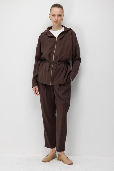 Hooded Drawstring Detailed Lyocell Brown Tunic