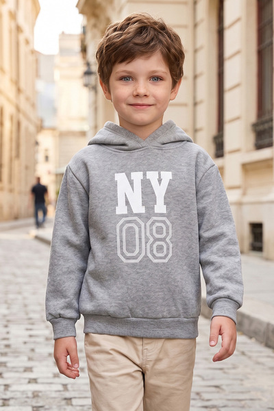 3 Threaded Letter and Number Printed Hooded Boy's Sweatshirt