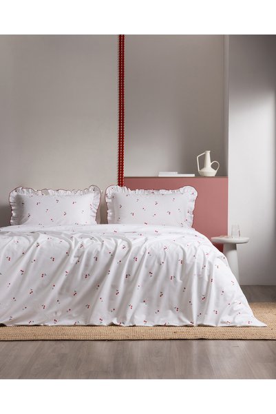 Fanny double size 100% cotton ruffled fitted sheet duvet cover set - white/red