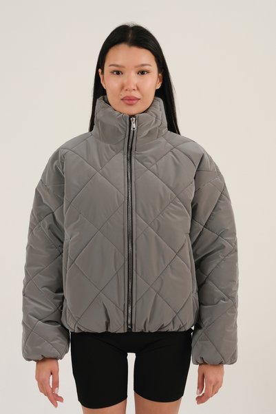 Women's Gray Stand Collar Long Sleeve Coat with Zipper Detail