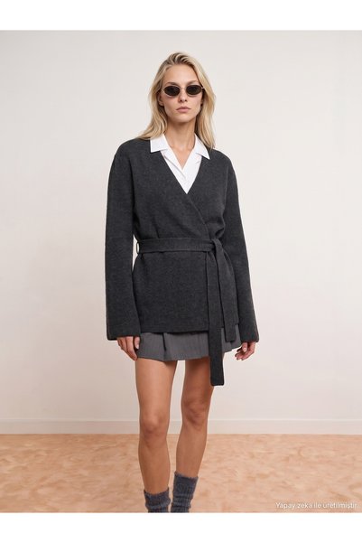 61002 Double-Breasted Belted Wool Blend Knitwear Cardigan-Anthracite m