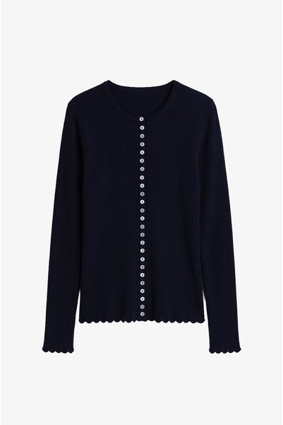 Navy Blue Cannel Buttoned Knitwear Blouse