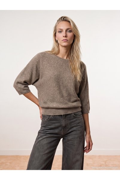 10856 Shiny Short Sleeve Sweater-Light Mink