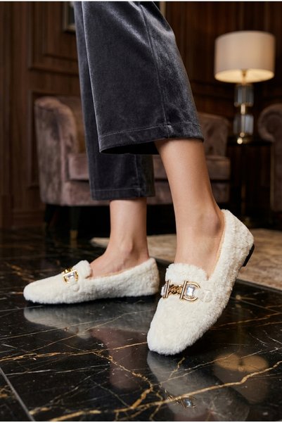 Women's White Lux Comfortable Ballerina Shoes with Chain Accessories, Suitable for Home and Daily Wear