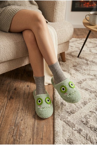 Green Frog Plush Eyed Design Soft Sole House Slippers