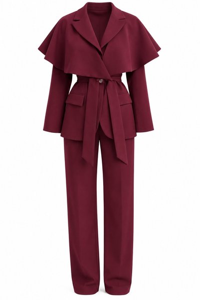 Burgundy Cape Belted Buttoned Jacket and Trousers Set - 2Y8325