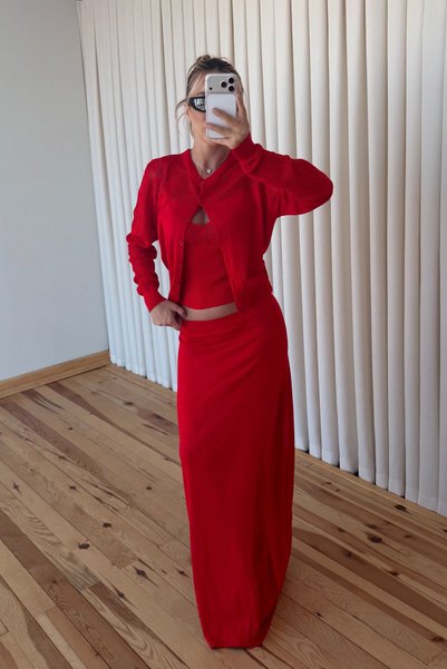 Red Openwork Knitwear Set - 70021