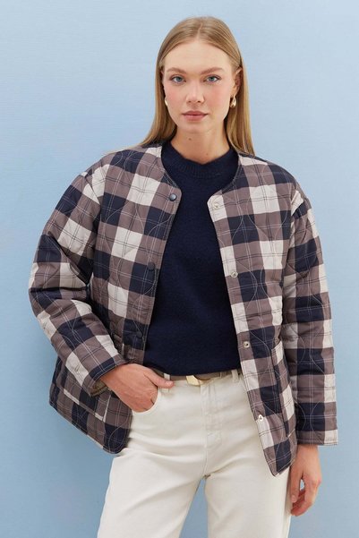 Plaid Patterned Quilted Snap Button Coat