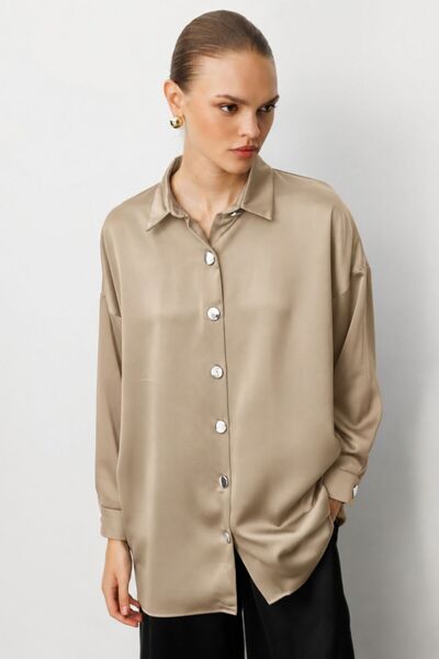Stone Colored Metal Buttoned Satin Tunic Shirt