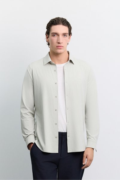 Men's Light Grey Adhesive Detailed Classic Collar Technical Diagonal Long Sleeve Slim Fit Shirt A62Y2078