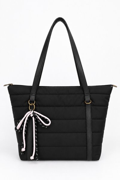 Women's Black Quilted Stitched Waterproof Fluffy Fabric Large Size Shopper Bag Parma