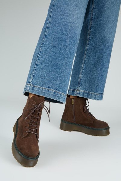 Hera Women's Genuine Leather Lace-Up Inner Zipper Brown Boots