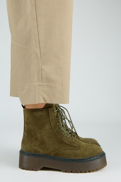 Hera Women's Genuine Leather Lace-Up Inner Zipper Khaki Boots