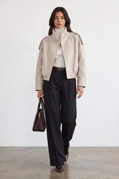 Shoulder Epaulet Stand-Up Collar Felt Bomber Jacket