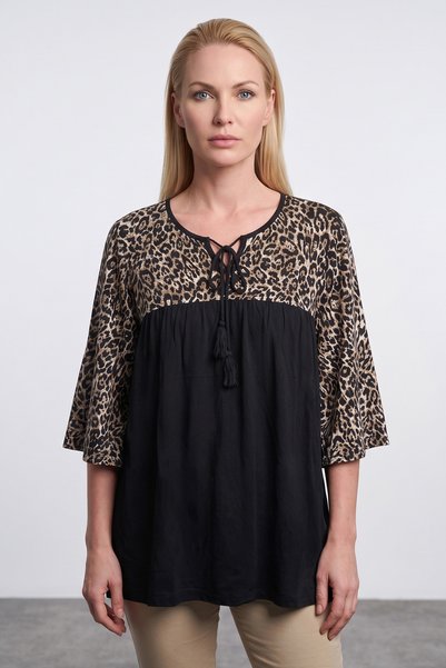 Leopard Patterned Tie-Front Capri Sleeve Blouse