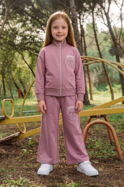 Bowknot Printed Stand Collar Zippered Girls' 2-Piece Set