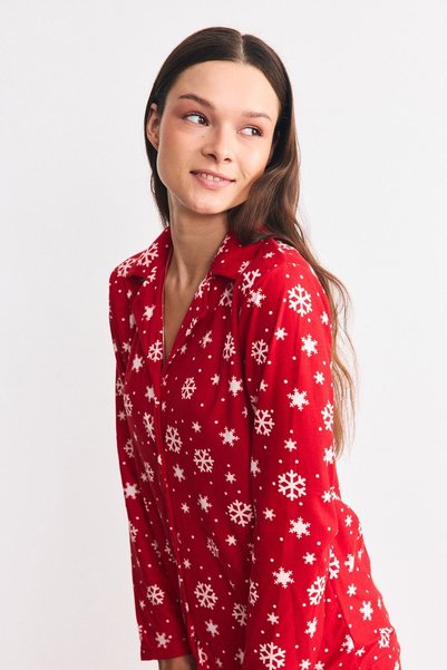 Suede Textured Shirt Collar Pajama Set Snowflake