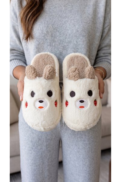 Women's Mink Strawberry Embroidered Ear-Detailed House Slippers 3 cm Byndci̇lpan01