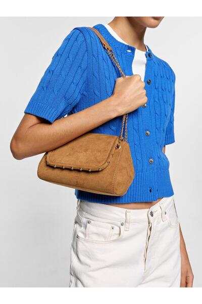Women's Leather Look Shoulder Bag with Stud Detailing and Chain